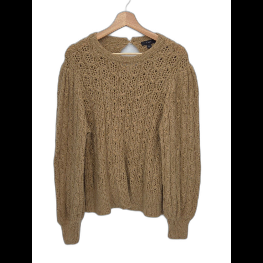J Crew Balloon Sleeve Cable Knit Sweater Camel Color Alpaca Wool Blend Large